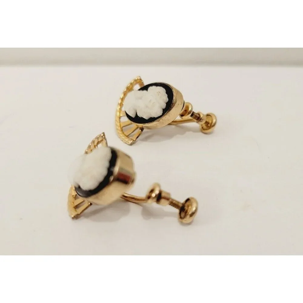 Vtg Van Dell 12K GF Black & White Cameo Screw-Back Earrings - Picture 3 of 5